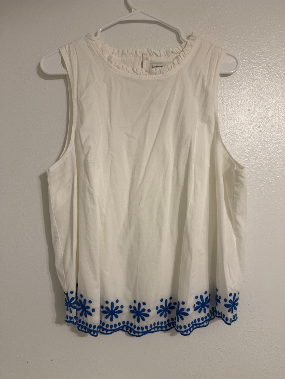 J. Crew Cream Sleeveless Top with Blue Floral Embroidered Hem